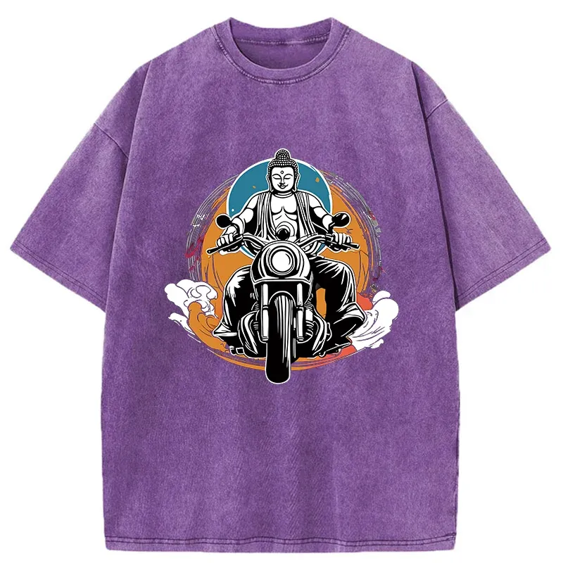 Tokyo-Tiger Buddha Riding A Motorcycle Washed T-Shirt