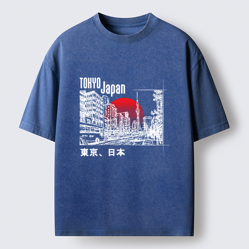 Tokyo-Tiger Bustling Street Scene In Japan Washed T-Shirt