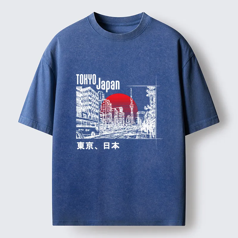 Tokyo-Tiger Bustling Street Scene In Japan Washed T-Shirt