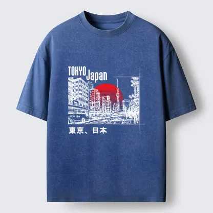 Tokyo-Tiger Bustling Street Scene In Japan Washed T-Shirt