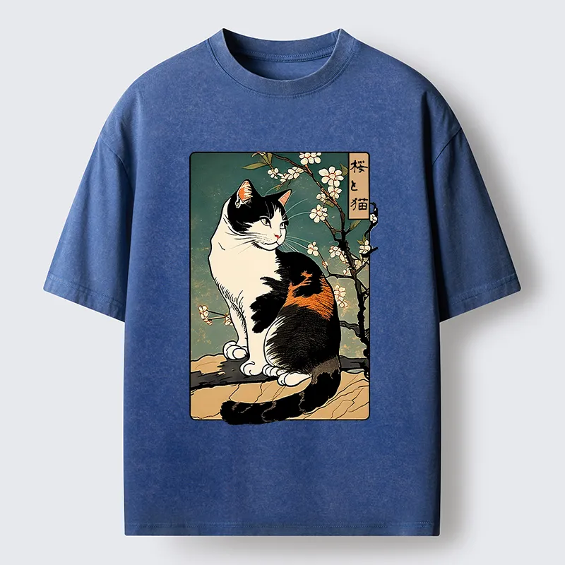 Tokyo-Tiger The Cat Under the Sakura Washed T-Shirt