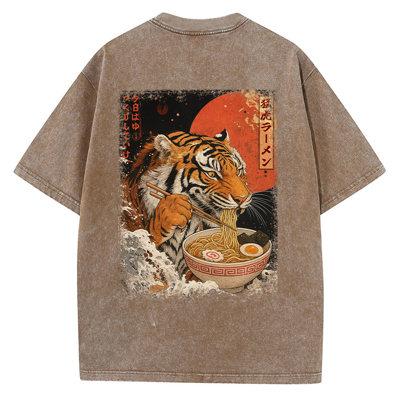 Tokyo-Tiger Ukiyoe Japan Tiger Eating Ramen Back Washed T-Shirt