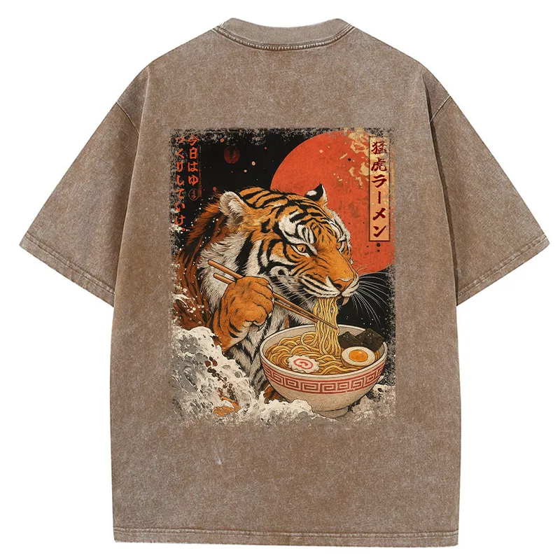 Tokyo-Tiger Ukiyoe Japan Tiger Eating Ramen Back Washed T-Shirt