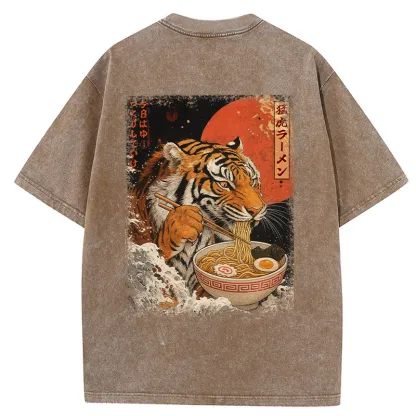 Tokyo-Tiger Ukiyoe Japan Tiger Eating Ramen Back Washed T-Shirt