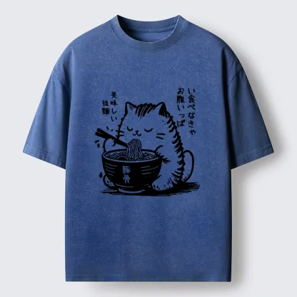 Tokyo-Tiger Cute Cat Eating Ramen Washed T-Shirt