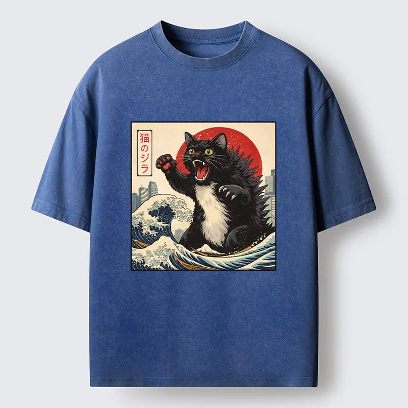 Tokyo-Tiger Black Cat Eats A Big Bowl Of Ramen Funny Washed T-Shirt