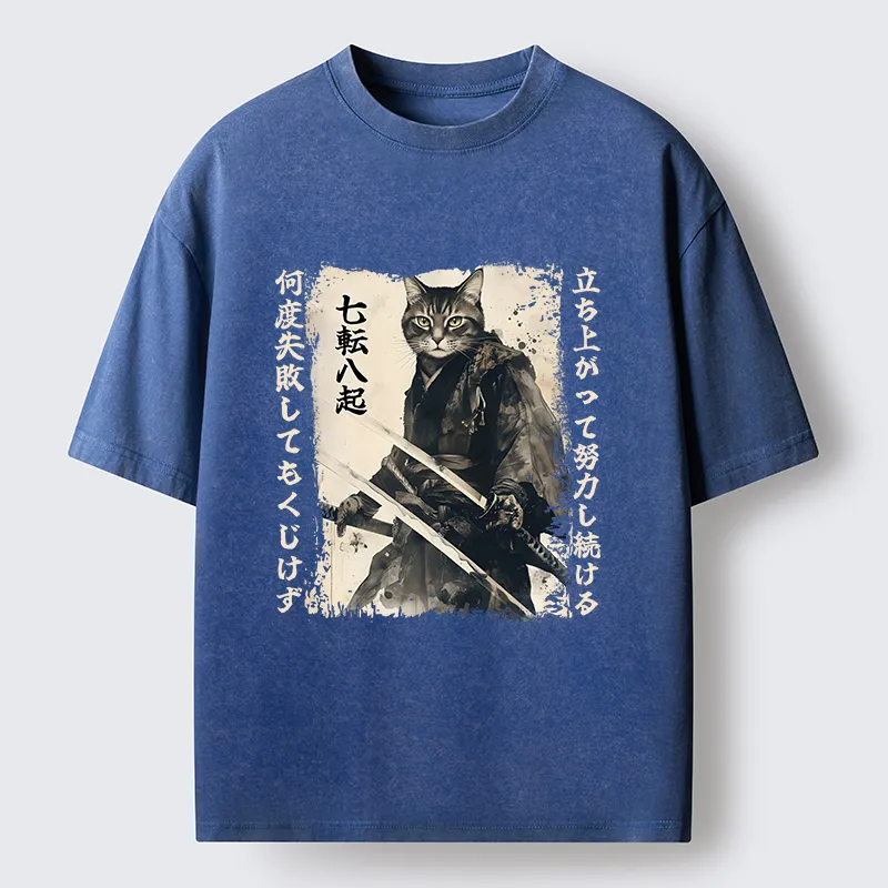 Tokyo-Tiger Samurai Japanese Cat Washed T-Shirt