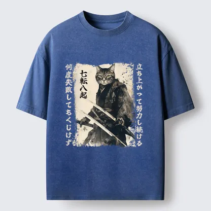 Tokyo-Tiger Samurai Japanese Cat Washed T-Shirt