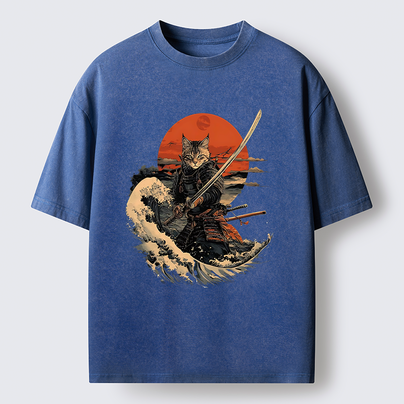 Tokyo-Tiger Handsome Cat Samurai Japanese Washed T-Shirt