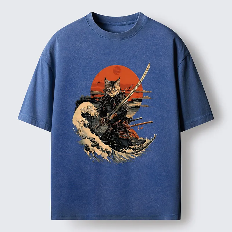 Tokyo-Tiger Handsome Cat Samurai Japanese Washed T-Shirt