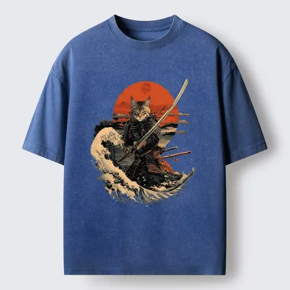 Tokyo-Tiger Handsome Cat Samurai Japanese Washed T-Shirt