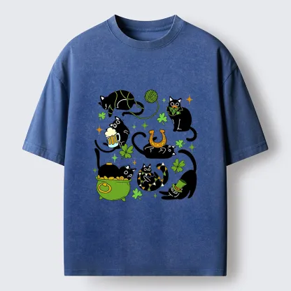 Tokyo-Tiger St Patrick's Day Black Cat Funny Washed T-Shirt