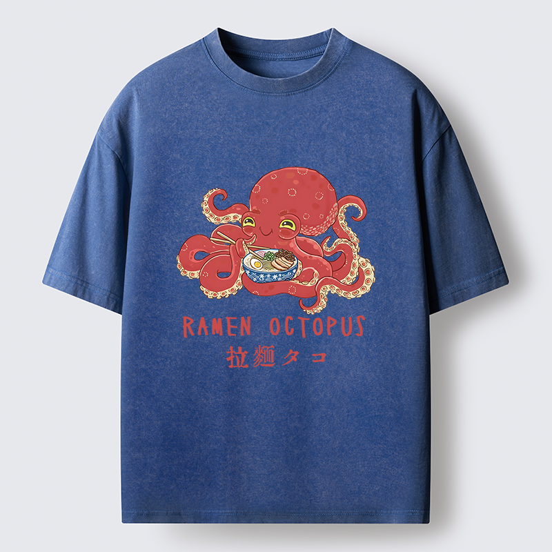 Tokyo-Tiger Cute Octopus Eating Ramen Washed T-Shirt