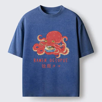 Tokyo-Tiger Cute Octopus Eating Ramen Washed T-Shirt