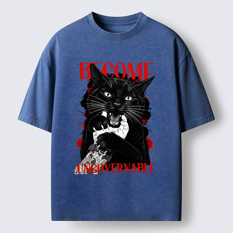 Tokyo-Tiger Biting Black Cat Washed T-Shirt