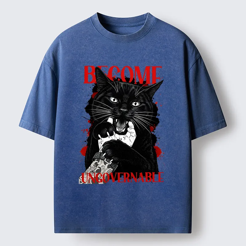 Tokyo-Tiger Biting Black Cat Washed T-Shirt