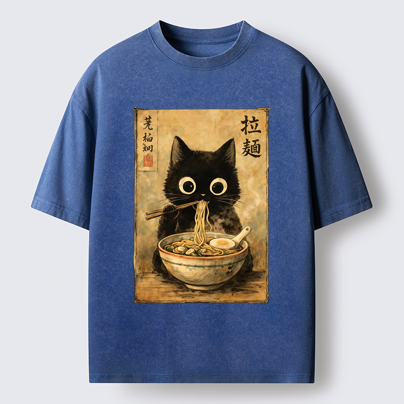 Tokyo-Tiger Cute Black Cat Eating Japanese Ramen Washed T-Shirt