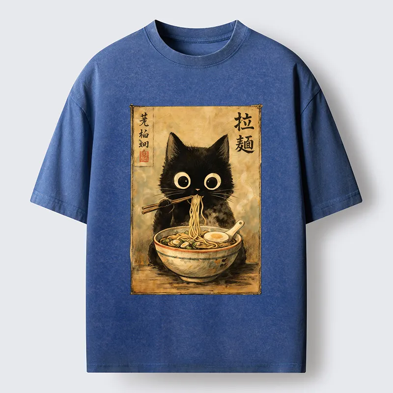 Tokyo-Tiger Cute Black Cat Eating Japanese Ramen Washed T-Shirt