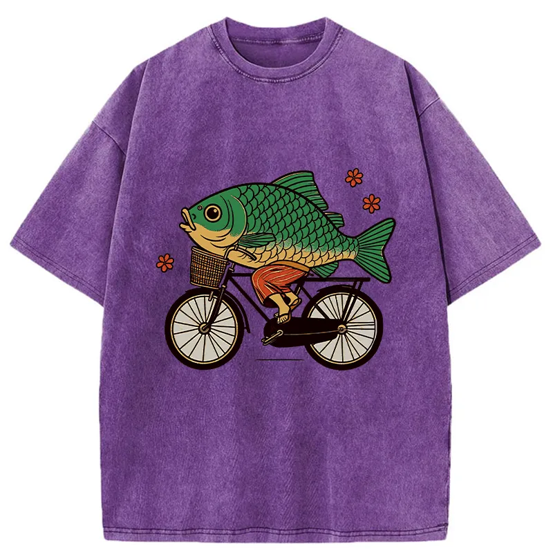 Tokyo-Tiger Funny Fish Riding A Bicycle Washed T-Shirt