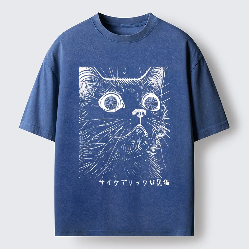 Tokyo-Tiger Trippy Black Cat Washed T-Shirt