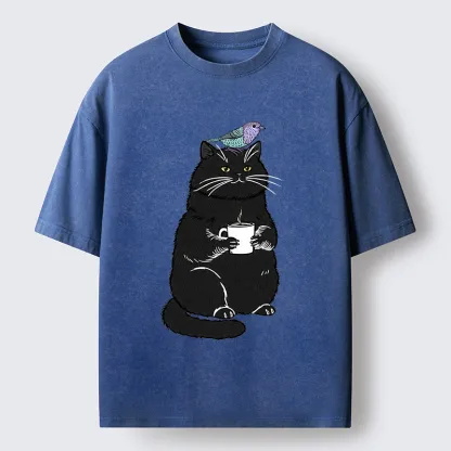 Tokyo-Tiger Black Cat And Bird Washed T-Shirt