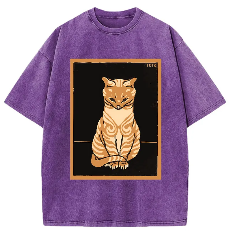 Tokyo-Tiger Cat Sitting And Meditating Washed T-Shirt