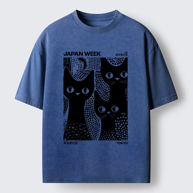 Tokyo-Tiger Black Cat Polka Dot Art Washed T-Shirt