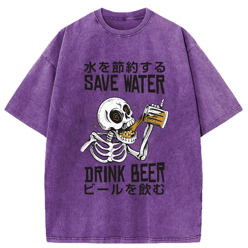 Tokyo-Tiger Save Water Drink Beer Washed T-Shirt
