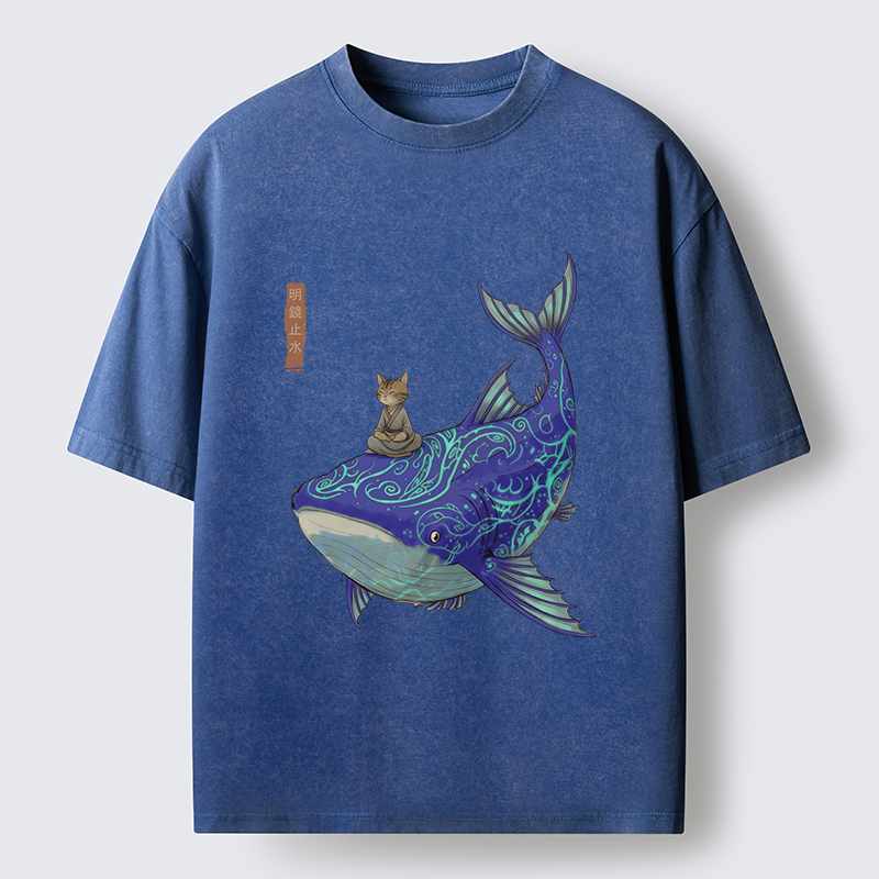 Tokyo-Tiger Cat Riding A Whale Washed T-Shirt