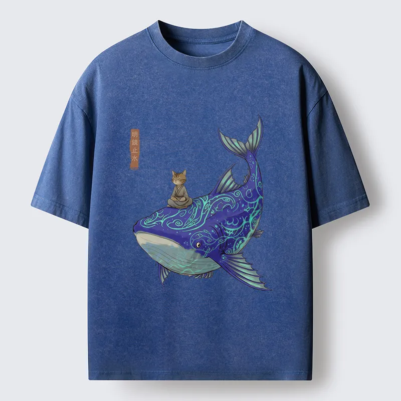 Tokyo-Tiger Cat Riding A Whale Washed T-Shirt