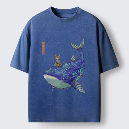 Tokyo-Tiger Cat Riding A Whale Washed T-Shirt