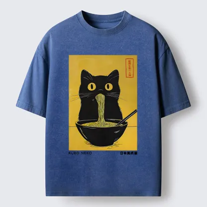 Tokyo-Tiger Black Cat Eats Ramen In Big Bites Washed T-Shirt