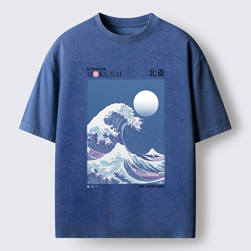 Tokyo-Tiger Blue Ukiyo-e Waves Washed T-Shirt