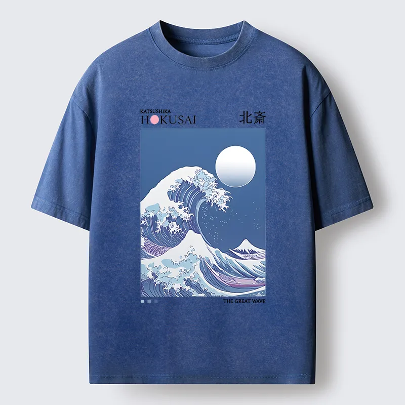 Tokyo-Tiger Blue Ukiyo-e Waves Washed T-Shirt