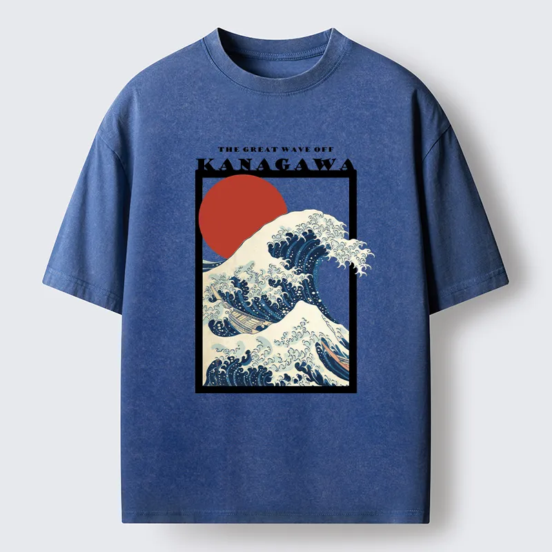 Tokyo-Tiger Minimalist Ukiyo-e Waves Washed T-Shirt