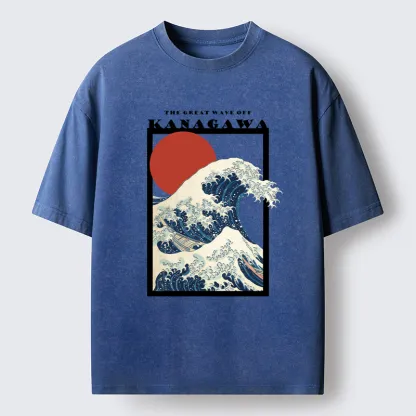 Tokyo-Tiger Minimalist Ukiyo-e Waves Washed T-Shirt