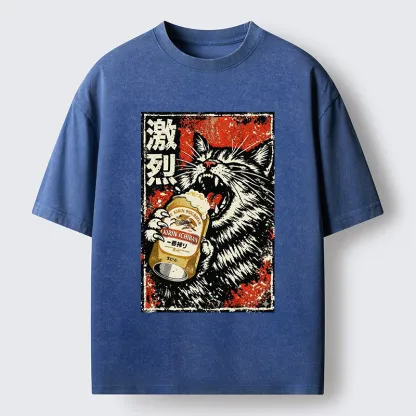 Tokyo-Tiger Cat Drinking Beer Washed T-Shirt