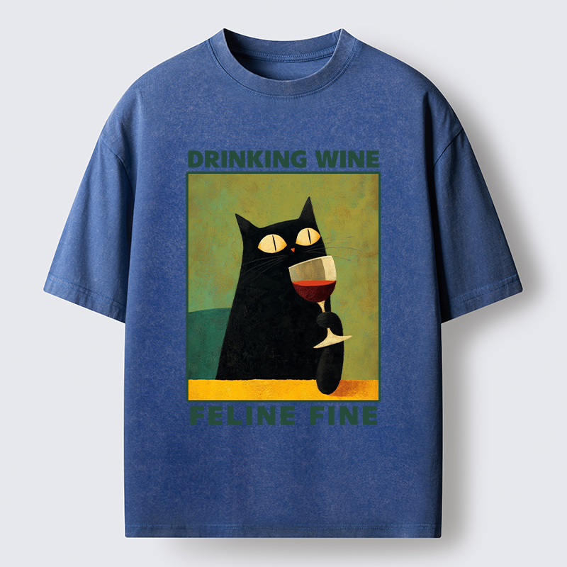 Tokyo-Tiger Drinking Wine Feline Wine Washed T-Shirt