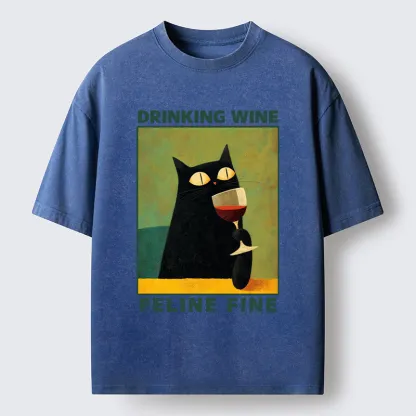 Tokyo-Tiger Drinking Wine Feline Wine Washed T-Shirt