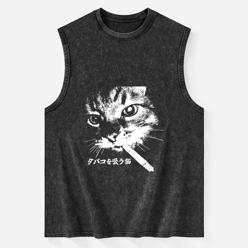 Tokyo-Tiger Retro Cat Smoking Washed Tank