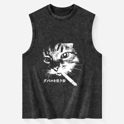 Tokyo-Tiger Retro Cat Smoking Washed Tank