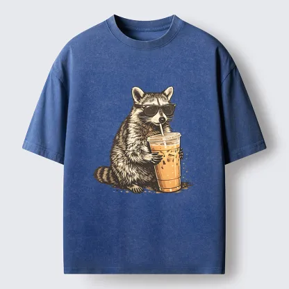 Tokyo-Tiger Raccoon Drinking Coffee FunnyWashed T-Shirt