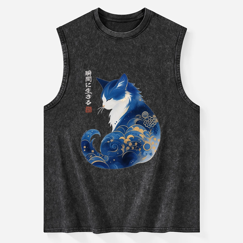 Tokyo-Tiger Retro Zen Cat: Living the Present Washed Tank
