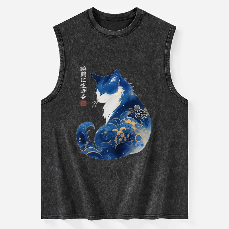 Tokyo-Tiger Retro Zen Cat: Living the Present Washed Tank