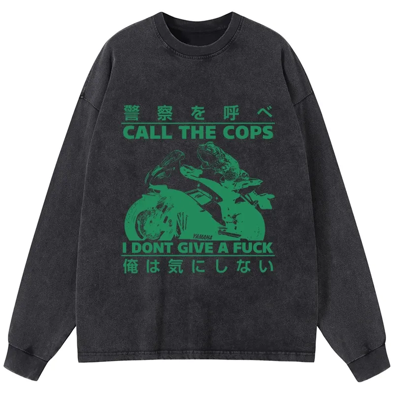 Tokyo-Tiger Funny Frog Riding A Motorcycle Washed Long Sleeve T-Shirt