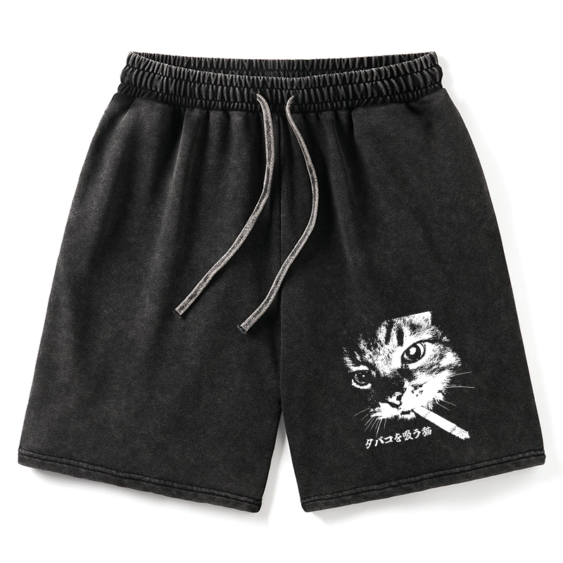 Tokyo-Tiger Retro Cat Smoking Washed Shorts