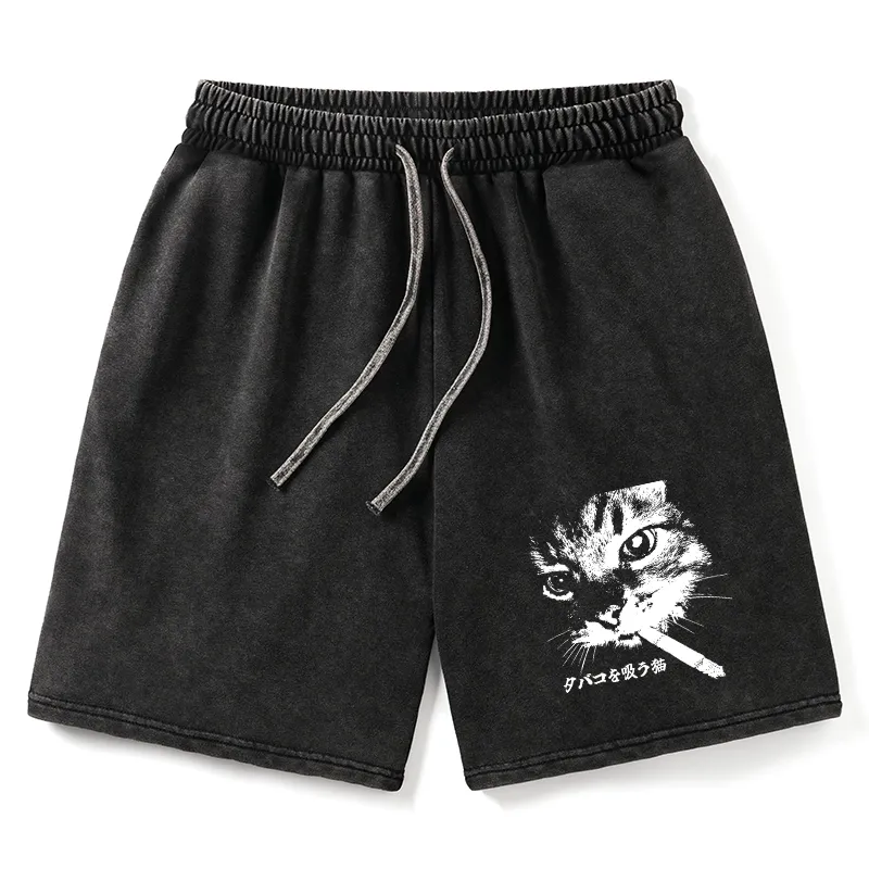 Tokyo-Tiger Retro Cat Smoking Washed Shorts Sale