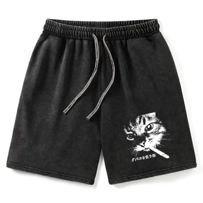 Tokyo-Tiger Retro Cat Smoking Washed Shorts