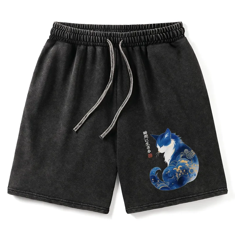 Tokyo-Tiger Retro Zen Cat: Living the Present Washed Shorts