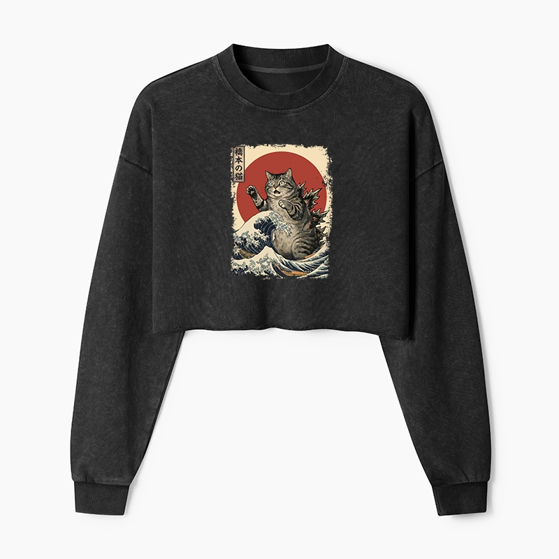 Tokyo-Tiger Catzilla Is Causing Destruction Washed Crop Sweatshirt